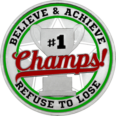 Maroon "Champs!" with Green Outer Circular Borders